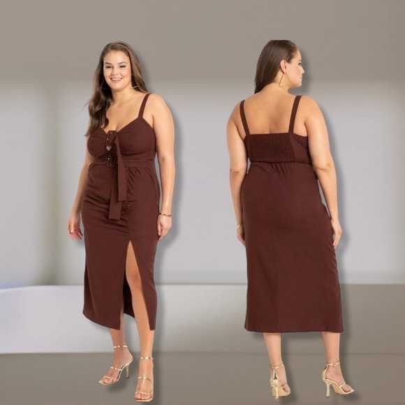 NWT ELOQUII LINEN MIDI DRESS IN CAPPUCCINO - Picture 1 of 7